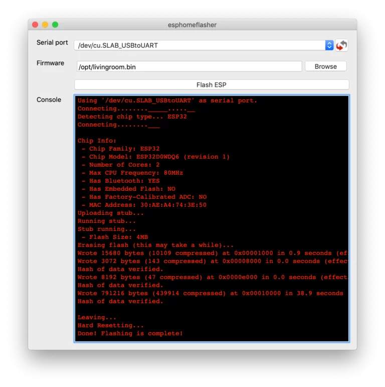 ESPHome Flasher visto en MAC