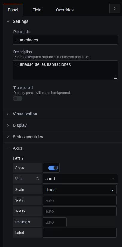 Panel configuración tablero Grafana