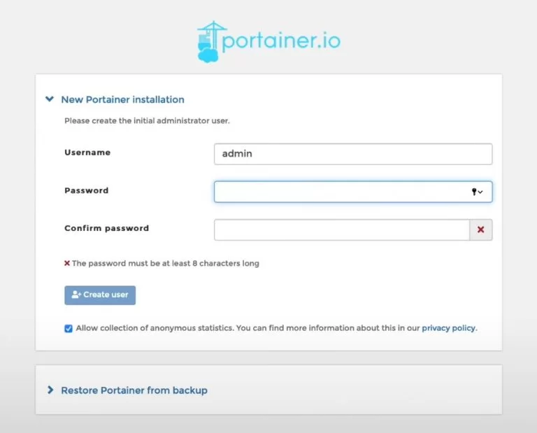 Pantalla configuración inicial Portainer I
