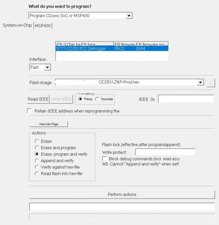Ajustes del SmartRF Flash Programmer