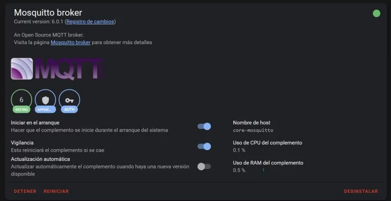 Add-on Mosquitto Broker funcionando