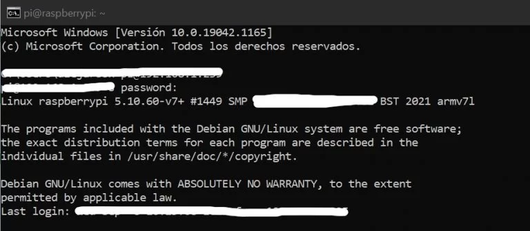 Terminal SSH conectado a Raspberry Pi