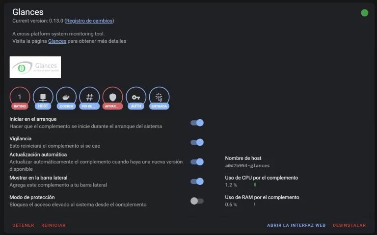 Add-on de Glances en Home Assistant
